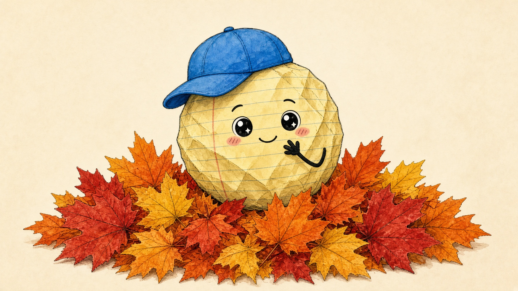 The yellow Crumbleball in a blue cap, sitting in maple leaves